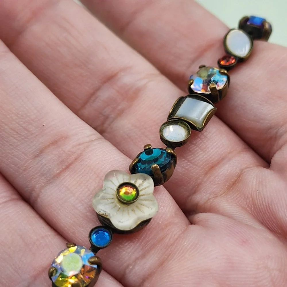 Sorrelli Multicolor Crystal Floral Bracelet Antiqued Gold Tone Statement Jewelry